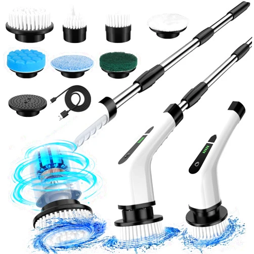 Guiseapue Electric Spin Scrubber, Cordless Cleaning Brush, Shower Cleaning Brush with Adjustable Extension Arm 7 Replaceable Brush Heads, Power Shower Scrubber for Bathroom, Tub, Tile, Floor, Glass
