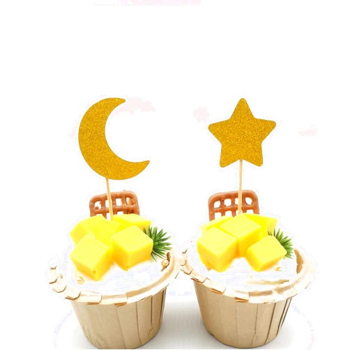 HNFCH 20Pcs Moon Star Glitter Cupcake Toppers Gold Moon and Star Cake Topper for Birthday Party Baby Shower Gender Reveal Wedding Party Decorations