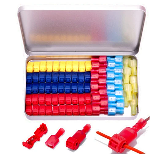 Ginsco 100 Pcs/50 Pairs T-Tap Wire Connectors, Ginsco Quick Splice Self-Stripping Electrical T-tap Wire Terminals with Nylon Fully Insulated Male Spade Connector Quick Disconnects Kit for Wiring Automotive