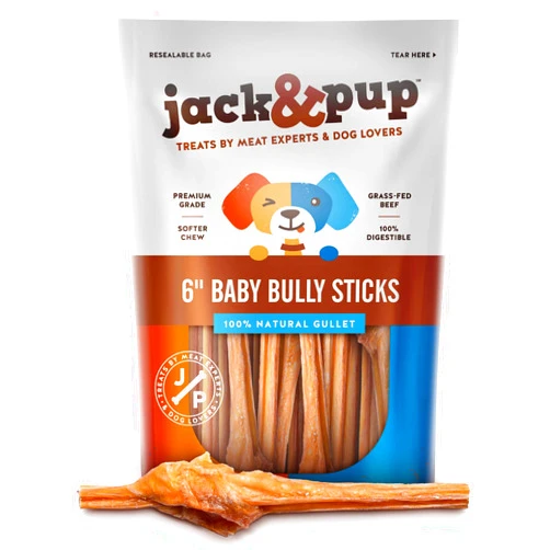 Jack & Pup Jack&Pup Bully Sticks for Small Dogs - 6 Inch Baby Bully Stick Dog Chew (25 Pack) 6” Long Premium Grade All Natural Gourmet Puppy Treat Chews - Great for Teething Puppies