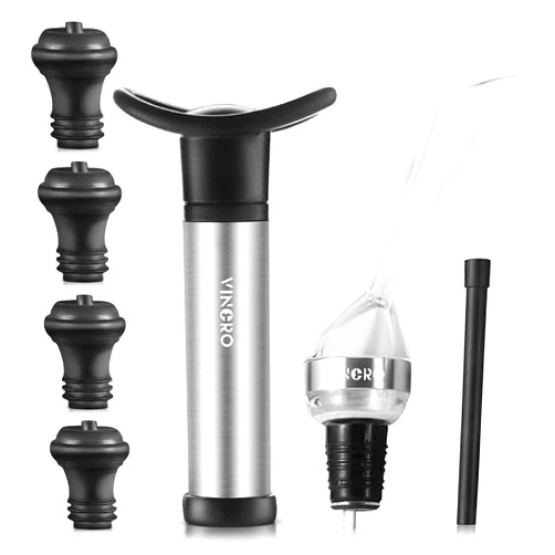 VINORO Wine Saver Pump with 4 Vacuum Stoppers and professional wine decanter aerator pourer spout, wine set, Ideal Wine Accessories Gift