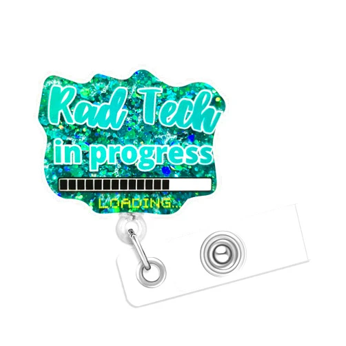 RWSEFK Rad Tech in Progress Badge Reel, Funny X-ray Technician Badge Reels Retractable, Cute Badge Accessory Acrylic Badge Holder for MRI Tech Rad RN Nurse Doctor Student Radiology Tech Gifts