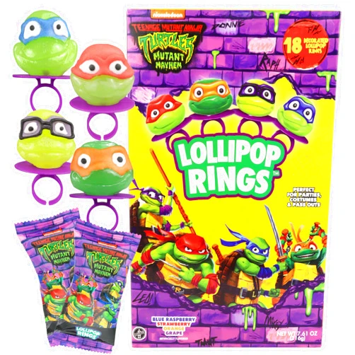 Imaginings 3 Teenage Mutant Ninja Turtles Individually Wrapped Lollipop Rings, Leonardo, Raphael, Michelangelo, and Donatello, Decorated Candy, Birthday Party Favors, 18 Count