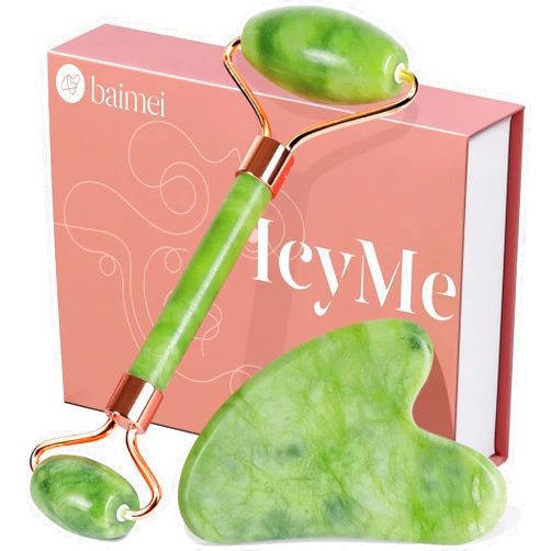 BAIMEI IcyMe Gua Sha & Jade Roller Facial Tools Face Roller and Gua Sha Set for Puffiness and Redness Reducing Skin Care Routine, Self Care Gift for Men Women - Green