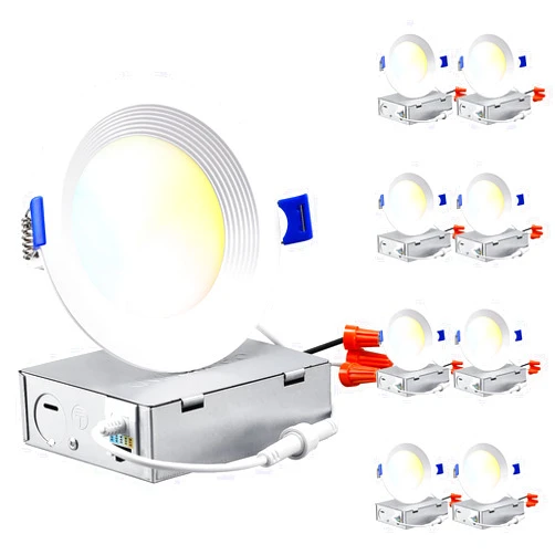 TORCHSTAR 8-Pack 5CCT 4 Inch Slim LED Recessed Lighting with Junction Box, Anti-Glare Baffle Trim, CRI90 Dimmable Aluminum Ceiling Downlight, Air Tight & IC Rated, 2700K3000K3500K4000K5000K Selectable
