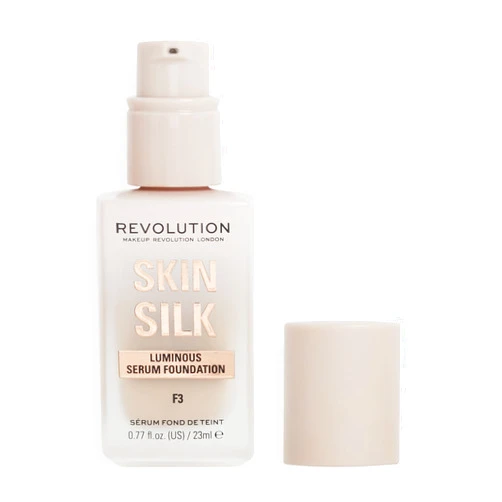 Makeup Revolution Revolution Beauty, Skin Silk Serum Foundation, Light to Medium Coverage, Lightweight & Radiant Finish, Contains Hyaluronic Acid, F3 Light Skin Tones, 0.77 Fl. Oz.