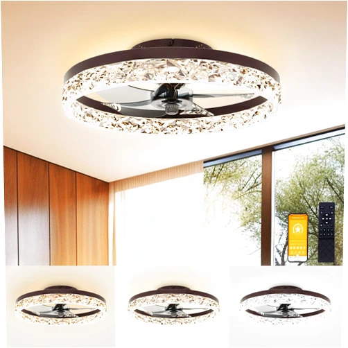 VOLISUN Modern Ceiling Fans with Lights and Remote, 19.7in Low Profile Ceiling Fan Flush Mount, 3000K-6500K Dimmable Bladeless LED Fan Light, Brown Fandelier Ceiling Fans with Lights for Bedroom
