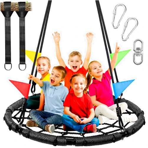 Odoland Spider Web Tree Swing, Outdoor Saucer Net Swing, 900D Oxford Platform Swing for Kids Adult, Backyard Round Flying Swing with Hanging Ropes Straps and Turnbuckle 43in Black