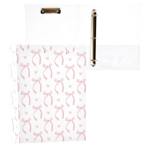 Aslsiy Cute Coquette Pink Bow 3 Ring Binder 1.5 Inch White Round Clipboard Binder Decorative Harcover Binder Organizer for Office Supplies