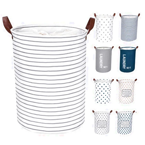 FRIENDIY Large Laundry Hampers (9 Colors), Removable Laundry Basket,foldable fabric laundry basket, drawstring waterproof round cotton linen storage basket. (White Strips, Thickened 19