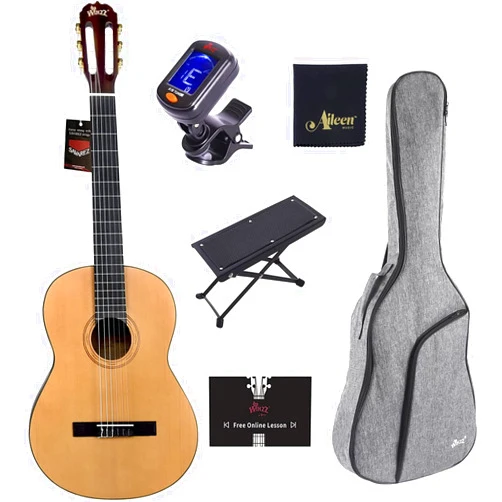 WINZZ Classical Nylon String Bundle Kit for Adult Teen Youth Guitar with Free Online Lessons, Bag, Tuner, Foot 6, Right, Natural, 39 Inches Full Size (ACM-H10-39-V)
