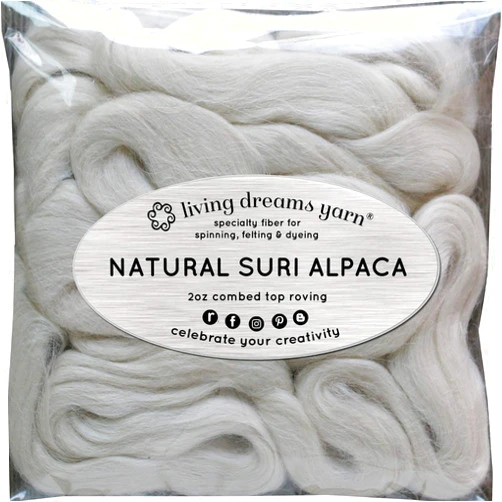 Living Dreams Yarn Suri Alpaca Fiber for Spinning, Blending, Felting, Dyeing & Doll Making. Natural White Combed Top Roving.