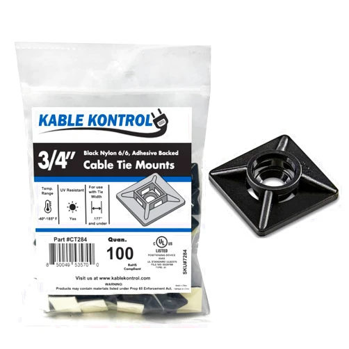 Kable Kontrol Zip Tie Mounts, 3/4” Sq, Black, 100 Pcs, Adhesive Backed Multi-Purpose UV-Resistant Mounting Squares Nylon Cable Tie Wrap Anchor Pads for Cable Management