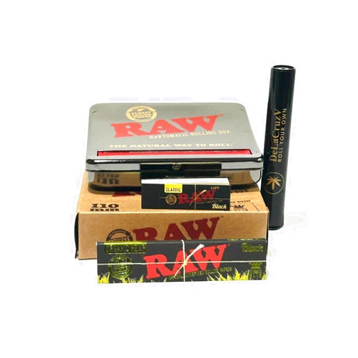 DELACRUZV Raw 110MM Roll Box Bundle with Raw Black Organic King Size Paper, Raw Black Tips with DeLaCruzV Tube.