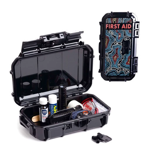 Evergreen X Seahorse 56 Medication Lock Box - Medium, First Aid Kit, Childproof, Empty Lockable Medicine Box to Store Medications, Diabetic Supplies, Needles. NO SUPPLIES INCLUDED (Black + Topography)