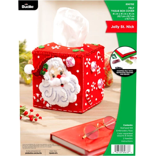 Bucilla, Jolly St. Nick, Felt Applique Tissue Box Cover Kit, Perfect for Holiday DIY Arts and Crafts, 89678E