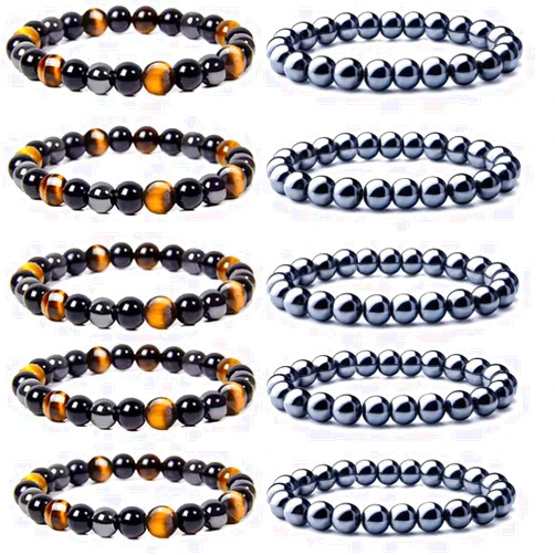 WAINIS 10PCS 8mm Black Hematite Magnetic Bead Therapy Bracelet For Men Women Stone Bracelet Stress Relieving Triple Protection Bracelet
