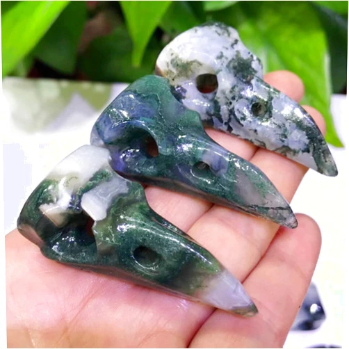 HUKLAB Crystal Stone Raven Skull Figurines Natural Moss Agate Hand-Carved Stone Crow Crystals Bird Head Statue Home Room Aquarium Decor 1pc YICHENGYIN