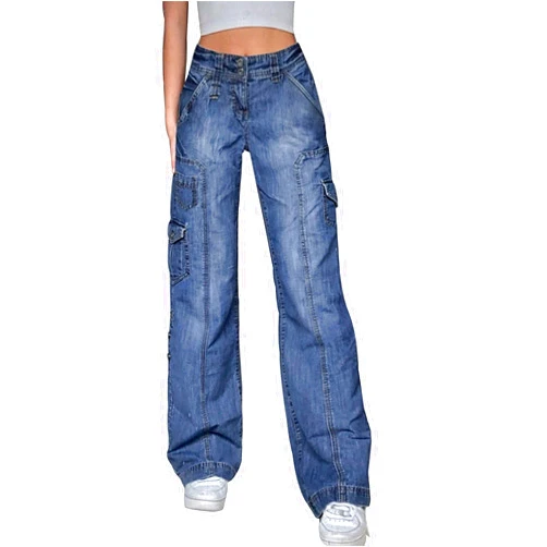 Kisswow Straight Leg Jeans Cargo Pants Women Elastic Waist Denim Pants Girls