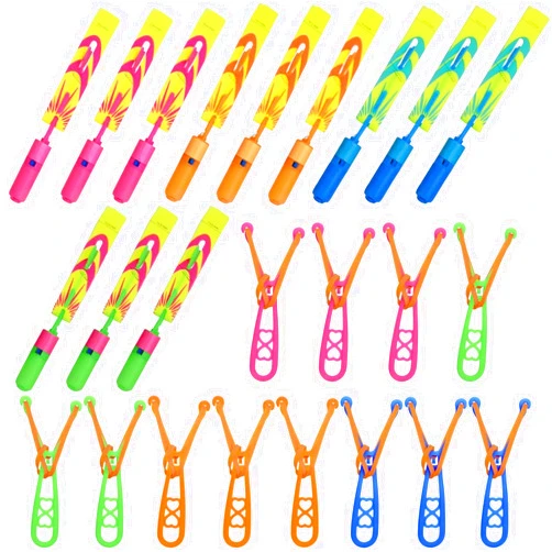GLOCITI Rocket Slingshot Flying Toys with LED Lights - 12 Pcs Kids Outdoor Game with 12 Launchers + 12 Arrow Helicopters, Glow in The Dark Party Supplies