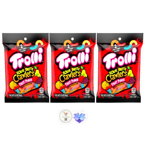 KD Supplies Trolli Gummy Candy - (Pack of 3) Share Size Peg Bags + BONUS Mystery Candy (3.4 oz, Fruit Punch Crawlers)
