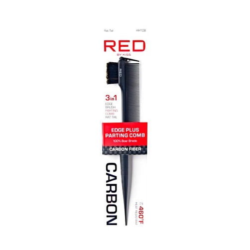 RED by Kiss Carbon Fiber Edge Brush + Parting Comb, 3 in 1 Styling Tool, High Heat Resistance, 100% Boar Bristles Hairbrush & Sectioning Tail, Comfort Grip for All Hair Types (Rat Tail)
