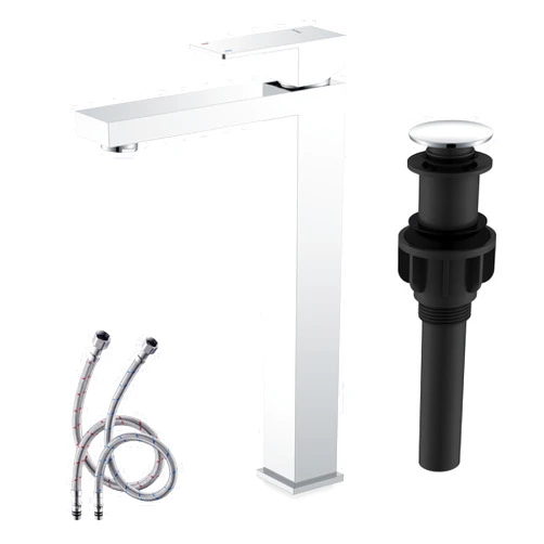 KENES Chrome Bowl Vessel Sink Facuet Single Handle Tall Bathroom Sink Faucet Bathroom Vanity Faucet Basin Mixer Tap with Water Supply Lines and Pop Up Sink Drain, LJ-9031A-5