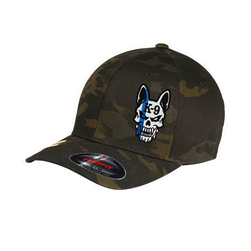 GNB CUSTOM EMBROIDERY LLC Police K-9 Unit Dog Skull Thin Blue Line 6277/6477 Custom Embroidered Baseball Flex Fitted Baseball Hat