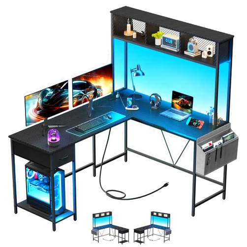 Yoobure L Shaped Desk Gaming Desk with LED Strip & Power Outlet, Reversible L-Shaped Computer Desk with Drawer, Corner Desk with Storage Shelf, 2 Person Home Office Desk, Carbon Fiber Black