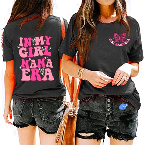 Pingyongchang Mama T-Shirt for Women Colorful Letter in My Mama Era Print Flower Butterfly Pattern Mom Shirt Mama Gift Casual Top