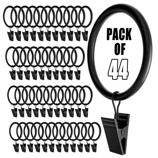 Homyplaza 44 Pack Black Curtain Rings with Clips, Curtain Hooks for Hanging, Heavy Duty Drapery Rings, Polish Rustproof Curtain Clips Hangers for Drapes, 1.26