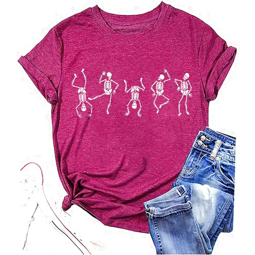 FCDIED Dancing Skeleton Shirt Women Halloween Skull Tshirt Funny Skeletons Graphic Tee Fall Casual Novelty Short Sleeve Tops