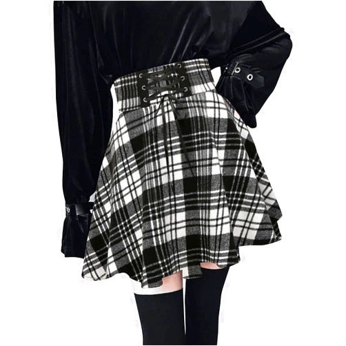 Kinghua Womens Warm Wool Plaid Mini Skirts High Waisted Lace Up Pleated Skater Skirts