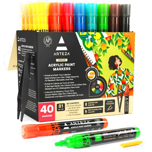Arteza Acrylic Paint Markers, 40 Vibrant Acrylic Paint Pens with Bullet Nibs & Replaceable Chisel Tips, Craft and Art Supplies for Glass, Pottery, Ceramic, Plastic, Rock, and Canvas Painting