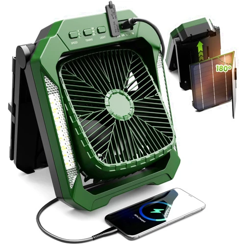 Qardoz 26800mAh Portable Fan Rechargeable with 18W Detachable Solar Panel, Quiet Battery Powered Camping Fan Cordless with LED Lantern,3 Speed,Timer,USB-C,for Bedroom Tent Home Office Desk Hurricane(Green)