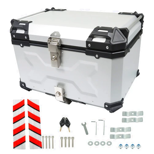 labwork 65L Motorcycle Top Case Tail Box with Mounting Plate Hard Aluminum Alloy Watertightness Security Lock Against Theft Silver Metal Motorcycle Trunk Tour Tail Box