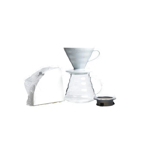 Hario V60 Coffee Pour Over Kit Bundle Set - Comes with Ceramic Dripper, Range Server Glass Pot, Measuring Spoon, and 100 Count Package of Hario 02W Coffee Filters