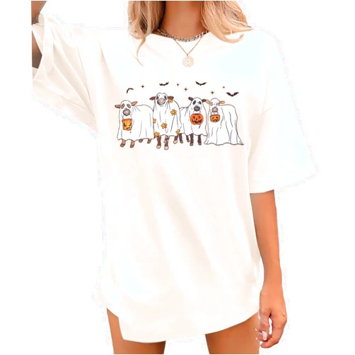 MOUSYA Ghost Halloween Shirts Women Spooky Season Shirt Funny Cow Ghost Cow Lover Oversized T-Shirt