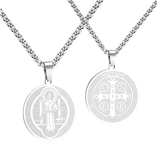 HANRESHE Medalla De San Benito Necklace Stainless Steel Silver St Benedict Medals Pendant Gift for Men