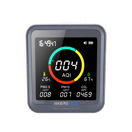 INKBIRDPLUS Indoor Air Quality Monitor with alarm, can detect CO2, PM2.5, PM10, AQI, temperature & humidity, 6-in-1 Indoor Monitor, for bedroom, kitchen, cellar, car, grow tent etc.