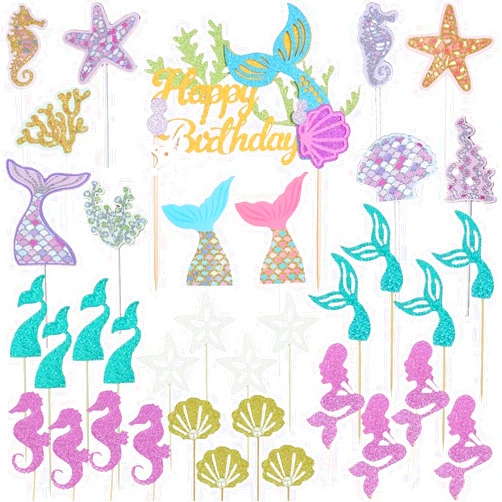 Wootkey 36 pcs Glitter Mermaid Cupcake Toppers Mermaid Cake Topper Under the Sea Beach Mermaid Tail Cake Decoration Birthday Party Supplies for Little Girls Baby Shower Children's Day