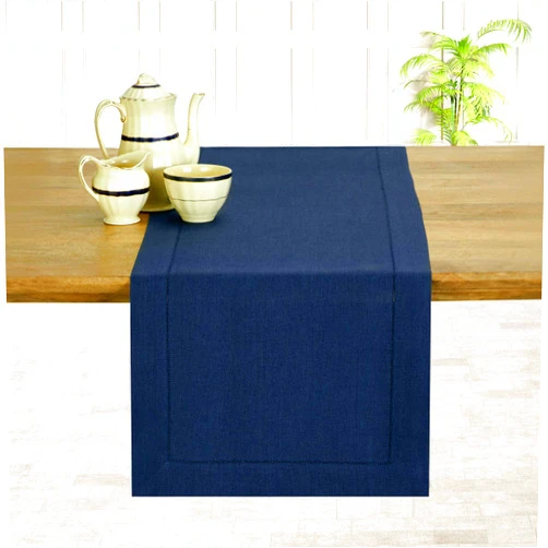 D'Moksha Homes Linen Table Runner 14 x 120 Inch - 100% Pure Linen Classic Hemstitch Navy Blue Table Runner - Machine Washable Farmhouse Table Runner for Fall, Thanksgiving, Christmas Decor