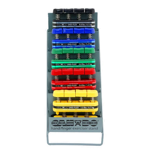 CanDo Digi-Flex Hand and Finger Exerciser 5 Piece Set X-Light - X-Heavy Resistance with Metal Storage Rack- For Dexterity, Strength, and Flexibility for Fingers, Hands, and Forearms