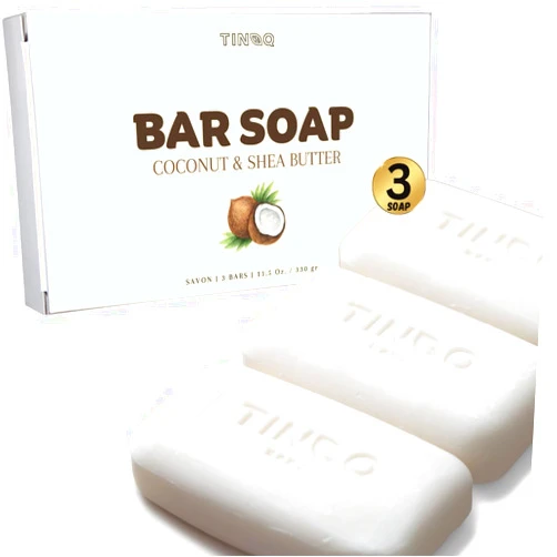 TINOQ Organic Bar Soap for Sensitive Skin - Hypoallergenic Baby-Safe Formula for Face & Body Wash with Natural Coconut Oil & Shea Butter | Fregrance-Free | 3PCS