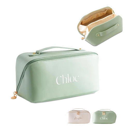 Custom Vibes Personalized Travel Makeup Bag, Large Capacity Cosmetic Bags for Women, PU Leather Water-Resistant Portable Pouch Open Flat Toiletry Bag Make up Bag with Divider and Handle (Sage)