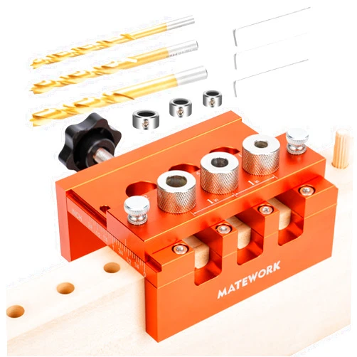 Matework Dowel Jig, Matework Adjustable Width Doweling Jig for Woodworking, Biscuit Joiner with Imperial Side Scales for Centering, Drill Guide for Straight Holes Dowel Jig Kit with 3 Drill Bits & 3 Stop Rings
