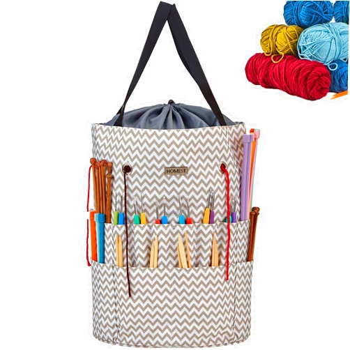 HOMEST Large Crochet Bag with Customized Front Compartment for Knitting Accessories, Yarn Storage with 6 Oversized Grommets, Tote Organizer with Drawstring Closure, Ripple, Bag Only