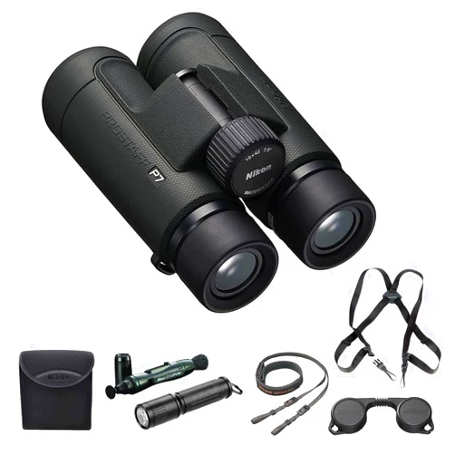 Nikon PROSTAFF P7 10x42 Waterproof Binocular for Adults | Small & Compact Travel Binoculars for Bird Watching | Binocular Harness Strap, Lens Pen Cleaning System, & Flashlight Bundle Set