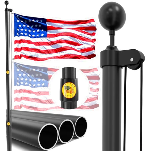 IIOPE 16FT Heavy Duty Flagpole,14-Gauge Aluminum,Resist Strong Wind Reinforcement Ring Patent,Sectional Black Residential Flagpole Complete Kit -,Black Ball, Aluminum Clips（Black)
