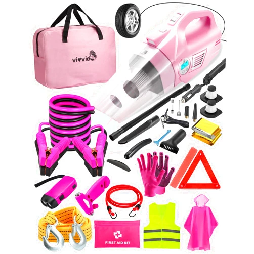 Vioview Roadside Emergency Car Safety Kit, with 4 in 1 Inflatable Car Vacuum Cleaner, Pink Jumper Cables, First Aid Kit, Tow Rope, Vehicle Road Trip Must Haves Pink Accessories for Women